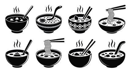 Hot soup and noodle bowls icon collection