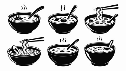 Set of hot steaming soup and noodle bowls