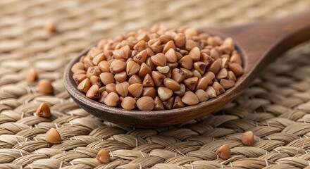 Buckwheat grains raw food healthy diet nutrition ingredient spoon wooden background texture close up detail