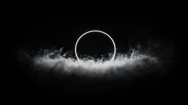 A bright white neon ring hovers above a swirling cloud of white smoke against a completely black background, creating a dramatic and mysterious atmosphere.