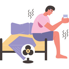 Man Sitting on Bed Feeling Hot With Fan And Holding Water Glass on Transparent Background