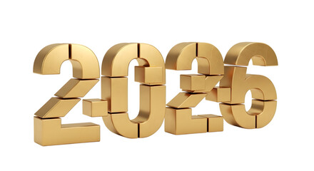 Golden 3d number 2026 made of blocks, isolated on transparent background