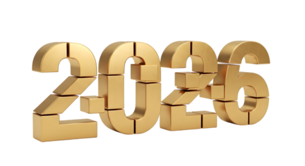 Golden 3d number 2026 made of blocks, isolated on transparent background