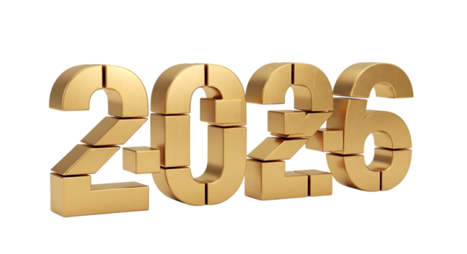 Golden 3d number 2026 made of blocks, isolated on transparent background