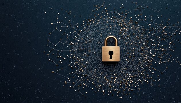 A golden padlock is centered on a dark blue, textured surface, surrounded by a glowing, interconnected network of lines and nodes, representing digital security