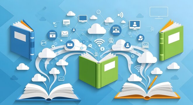 Conceptual Illustration of Books and Cloud Computing for Education and Knowledge Sharing