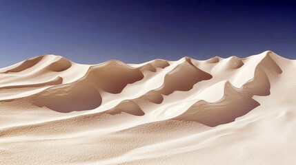 Expansive, undulating sand dunes bathed in warm sunlight against a deep blue sky. The smooth, sculpted shapes of the dunes create a serene and vast landscape.