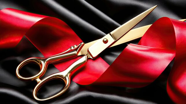 A close-up shot of golden scissors poised to cut a vibrant red ribbon draped over luxurious black silk fabric, symbolizing a grand opening or ceremonial event.