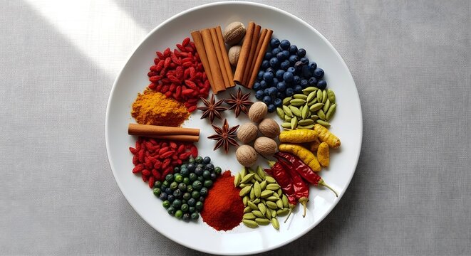 Assorted spices cinnamon nutmeg staranise turmeric gojiberries blueberries cardamom peppers plate food stilllife