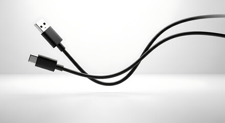 Obraz premium Black USB-A and USB-C cables with connectors floating against a clean white background.