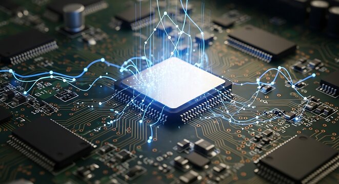 Illuminated CPU on Motherboard with Data Flow Visualization. - Powered by Adobe