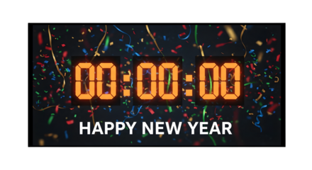 Digital clock showing countdown with happy new year text and confetti, isolated on transparent background