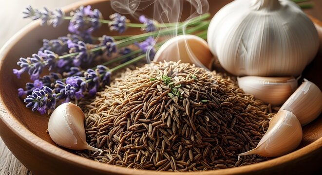 Cumin seeds garlic lavender herbs spices aroma cooking ingredient food flavor fragrant seasoning bowl