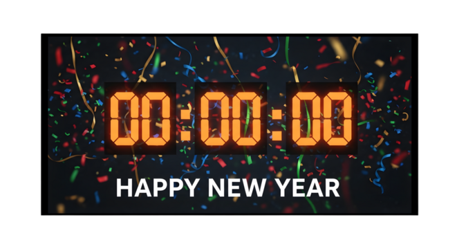 Digital clock showing countdown with happy new year text and confetti, isolated on transparent background