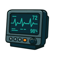 An illustrated medical patient monitor displaying vital signs such as heart rate and oxygen levels.
