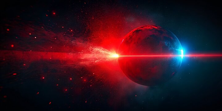 Abstract digital art of a planet exploding with red and blue light beams