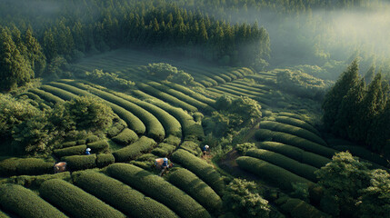 Aerial view of a lush green tea plantation in a misty mountain landscape with workers