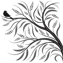 Silhouette of a bird perched on a decorative branch with leaves and berries