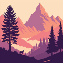Silhouette of deer and pine trees against colorful mountain range