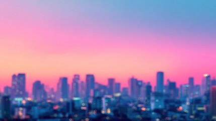 Blurred city skyline silhouette during golden sunset with pink and blue sky. Urban landscape background with skyscrapers. Modern metropolis view. Abstract cityscape for banner with copy space