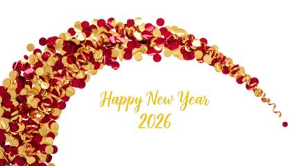 Happy New Year 2026 sweeping arc with ruby red and gold confetti stream, isolated on a transparent background