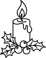 Minimalist Holiday Candle Icon  Single Line Drawing with Flame and Holly