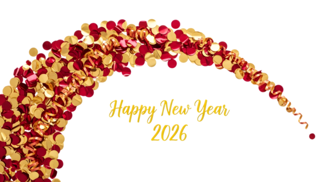 Happy New Year 2026 sweeping arc with ruby red and gold confetti stream, isolated on a transparent background