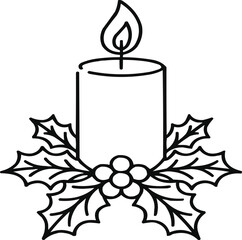 Minimalist Holiday Candle Icon  Single Line Drawing with Flame and Holly