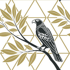 Stylized Eagle on Branch with Geometric Pattern Background