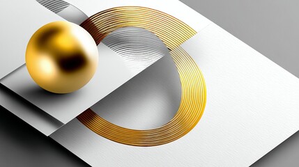 A golden sphere rests on white and grey geometric planes, intersected by concentric gold and silver rings. The scene features minimalist abstract design with so