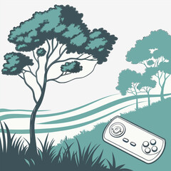 Stylized Landscape with Tree and Video Game Controller