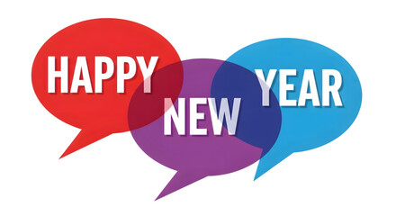 Happy New Year message in colorful overlapping speech bubbles, isolated on a white, transparent background