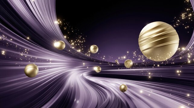 Abstract background with golden spheres and flowing purple light trails, illuminated by sparkling lights.