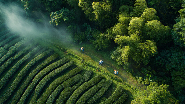 Aerial view of a vibrant green tea plantation with workers, morning mist and lush forest - Powered by Adobe