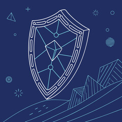 Stylized shield with geometric crystal and abstract landscape