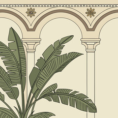 Tropical plant leaves against arched architectural background