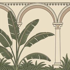 Tropical plant leaves with arched architectural background and border