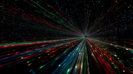 Data Streams in Fiber Optic Tunnel. An internal view looking down a fiber optic cable. Countless streams of colored light data packets race through a crystalline tunnel creating light trails.