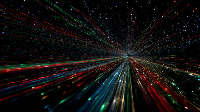 Data Streams in Fiber Optic Tunnel. An internal view looking down a fiber optic cable. Countless streams of colored light data packets race through a crystalline tunnel creating light trails.