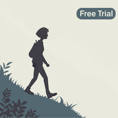 Woman Hiker Silhouette Walking Uphill with Free Trial Text