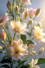 Obraz premium Close-up of delicate, soft-colored flowers with intricate details and gentle lighting, showcasing natural beauty.