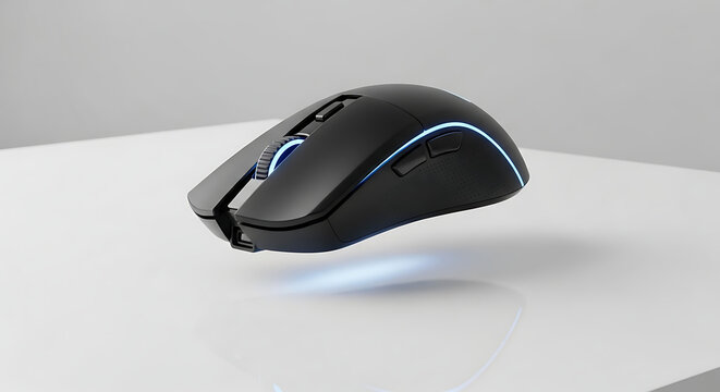 A sleek black wireless gaming mouse with blue LED lighting floating above a white surface.