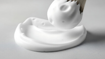 Close up of shaving brush applying white shaving cream on a gray surface for grooming