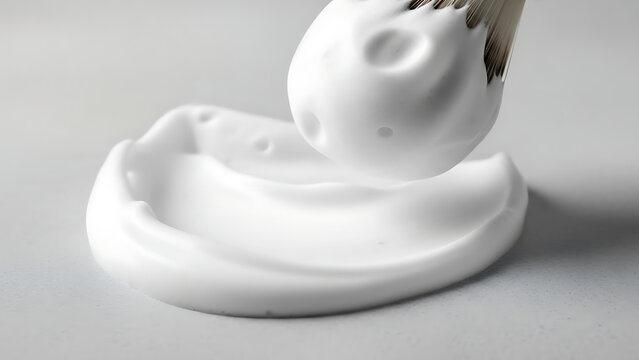 Close up of shaving brush applying white shaving cream on a gray surface for grooming
