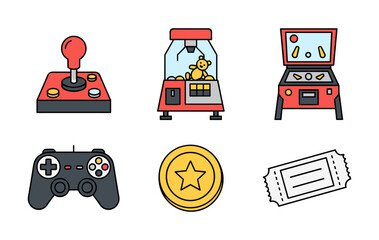 Arcade gaming elements including joystick, pinball, and claw machine