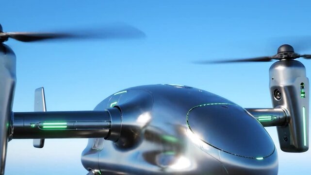 Futuristic eVTOL Aircraft Flying in Clear Blue Sky.