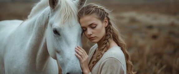 An ethereal connection between a woman and her horse, radiating serenity and grace. Perfect for conveying peace, nature, and the beauty of the equestrian lifestyle.