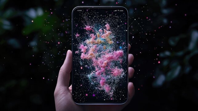 A hand holds a modern smartphone displaying a vibrant, abstract explosion of colored powder and particles against a dark, bokeh background. The scene is set out - Powered by Adobe