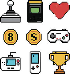 Retro Gaming Pixel Icon Set  Classic Console and Game Elements
