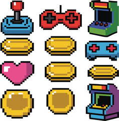 Retro Gaming Pixel Icon Set  Classic Console and Game Elements